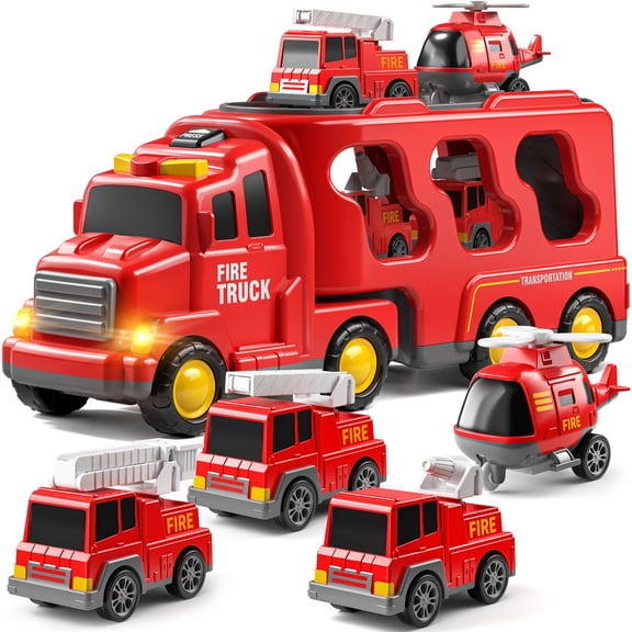 Fire Truck Toys for Boys Ages 3-6, 5 in 1 Fire Transport Truck with Lights & Sounds, Includes Fire Engine, Ladder Fire Truck & Rescue Helicopter, Vehicle Playset, Birthday Christmas Gifts