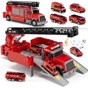 Fire Truck Toys, Toy Trucks for Boys 2-6 Years, Fire Truck Toys for Toddlers with Ejection Mode, Siren Sounds, Shooting Water, Retractable Ladder, 4 Alloy Vehicles, Best Birthday Gift for Toddle