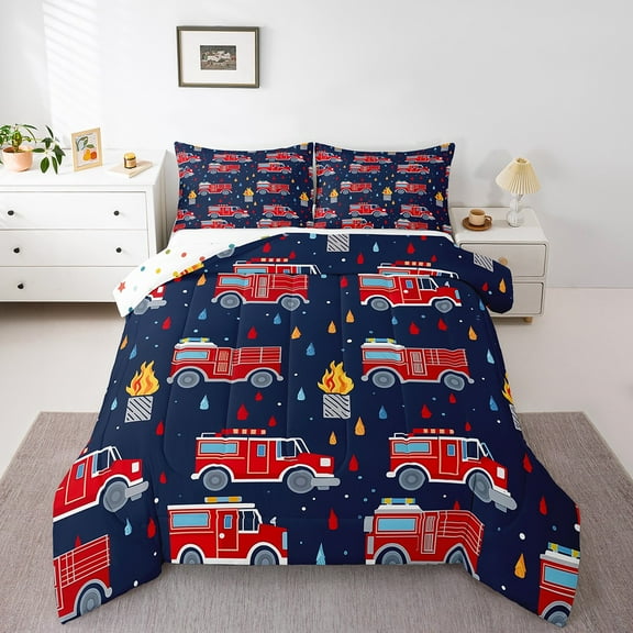 Fire Truck Twin Size Comforter Set, Cartoon Bus Cars Bedding Sets For Bedroom, Automobile Vehicles Printed Adults Soft Comforter, Navy Blue Red Fire Microfiber Down Comforter
