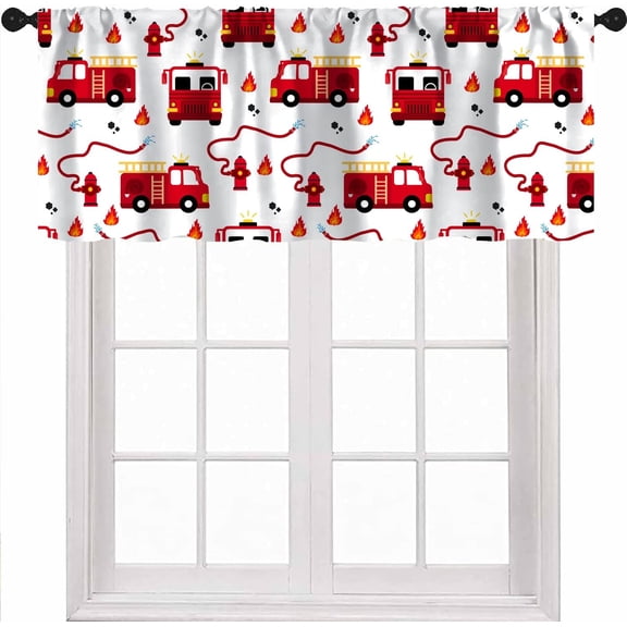Fire Truck Valance Curtains, Red Fire Engine Cartoon Car Themed Rod Pocket Valance Curtains for Kids Boys Bedroom Toddler Children Nursery Room 54x18inch