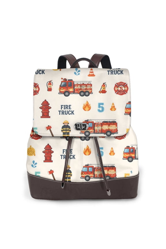 Fire Truck Women's Leather Backpack All-Over Print Bag for Work and Travel