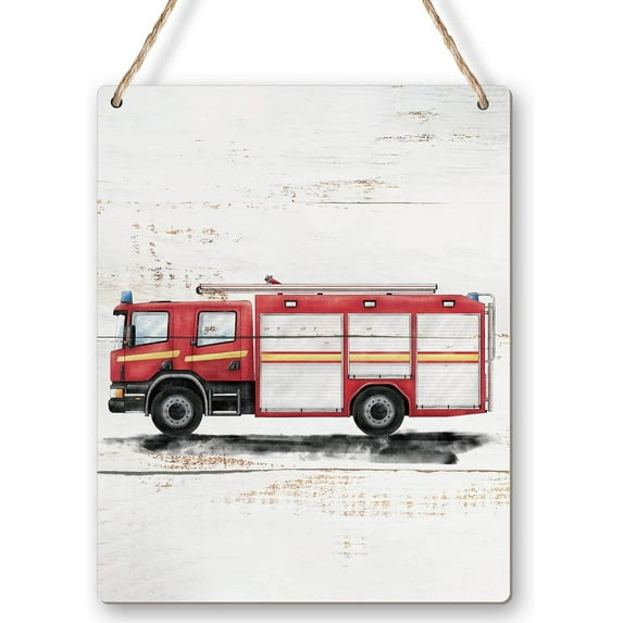 Fire Truck Wood Sign Transportation Nursery Wall Art, Rustic Firetruck Wooden Hanging Sign for Kids Bedroom Playroom Door Wall Decor 8x10 Inch