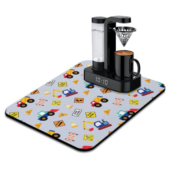 Fire Truck and Excavator Dish Drying Mat, Cartoon Car Construction Vehicle Absorbent Kitchen Mat, Playful Design