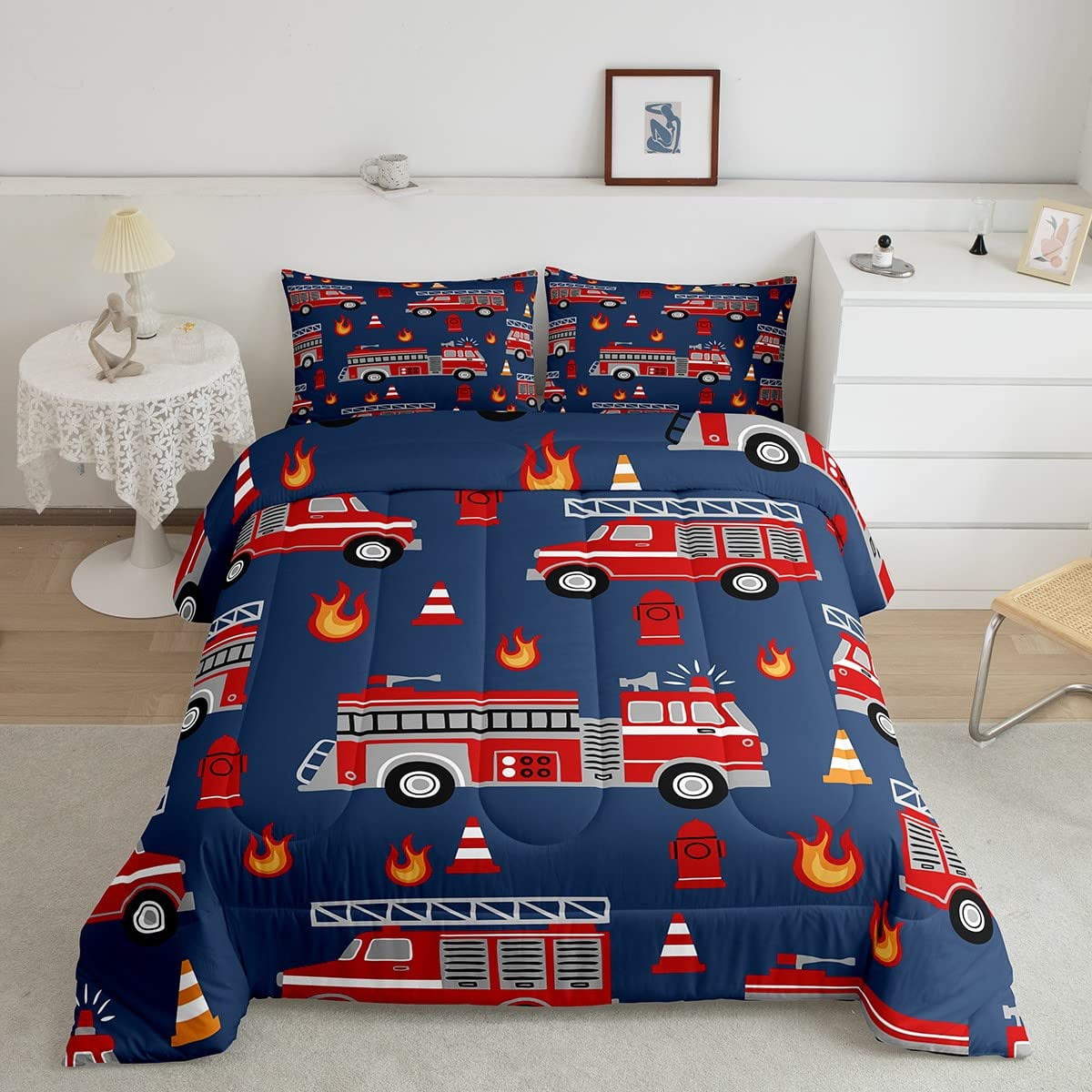 Fire Truck for Kids Boys Red Fire Fighting Supplies Patter Duvet Cover