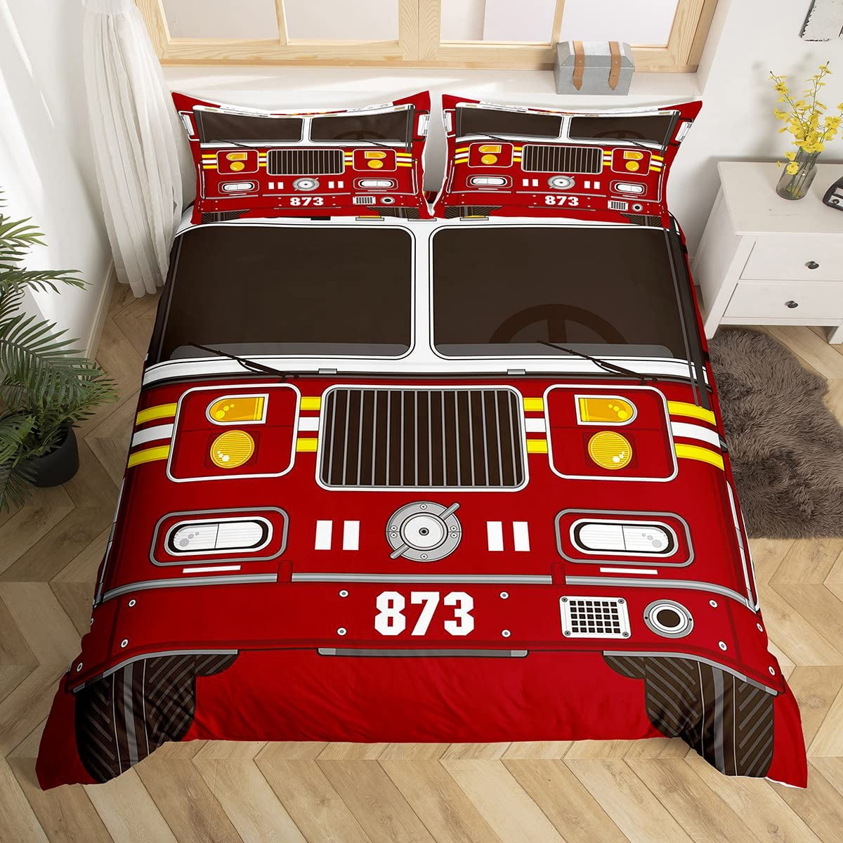Fire Truck for Kids Boys Red Fire Fighting Supplies Patter Duvet Cover