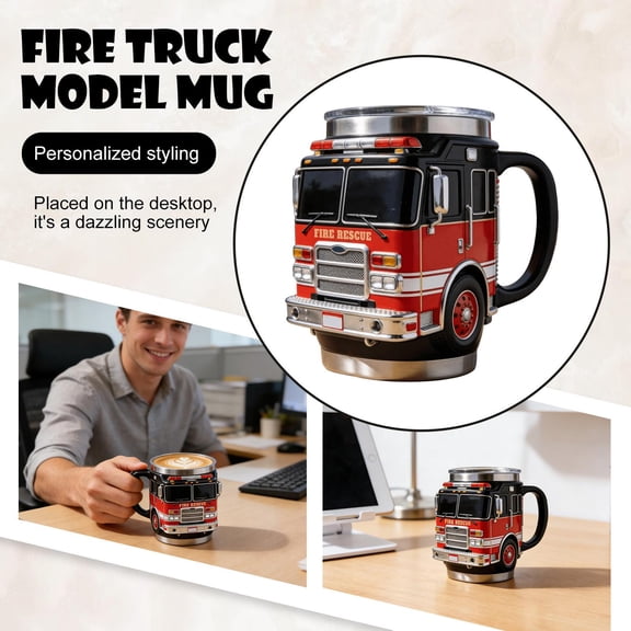 Fire Truck inspired Stainless Steel Coffee Mug, intricate Rescue Vehicle detailing, Coffee Mug with Handle, Custom Coffee Mug for Home office decor, Hot Drink Consumption and