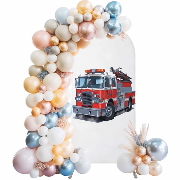 Fire Trucks Arch Backdrop Cover 6.6x3.3 Ft, Spandex Wedding Arch Stand Cover, Modern Cartoons Vehicles Round Top Stretch Fitted Background Covers for Birthday Ceremony Party Decor