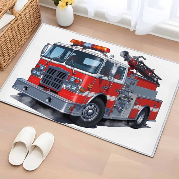 Fire Trucks Bathroom Rug Washable 2x3 Entryway Rug Non Slip Modern Cartoons Vehicles Front Door Mat Low Pile Indoor Doormat Throw Floor Carpet for Kitchen Bedroom Entrance