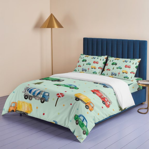 Fire Trucks Engineering Vehicles Trees Cars Queen Size Bed Set,Wave Points Bedding for All Seasons,4 Pcs Bed Set,1 Quiltcover (90"x90"),1 Sheet (90"x102"),2 Pillowcases (20"x30")