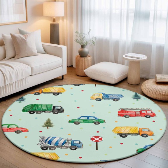 Fire Trucks Engineering Vehicles Trees Cars Round Rug 5ft Wave Points Washable Area Rugs for Living Room Bedroom Entryway Non Slip Entrance Door Mat Indoor Floor Carpet