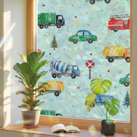 Fire Trucks Engineering Vehicles Trees Cars Window Privacy Film, Rainbow Film Decorative Window Sticker 17.7x39.3in, Wave Points Sun Blocking Static Stained Glass Cling Tint Non-Adhesive