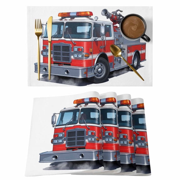 Fire Trucks Placemats Set of 4, Modern Cartoons Vehicles Placemats for Dining Table, Place Mats for Kitchen Tabletop, Waterproof Wipeable Dining Table Mats Set