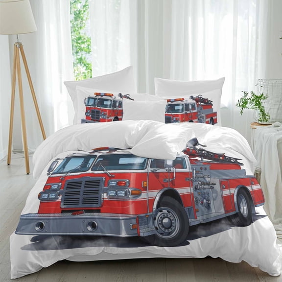 Fire Trucks Queen Size Comforter Set, Cartoons Vehicles Modern Red Car Bedding for All Seasons, 4 Pcs Bed Set, 1Quiltcover (90"x92") ,1Sheet(94"x116"), 2Pillowcases (30"x20")