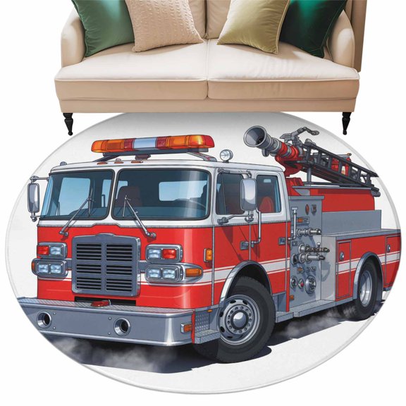 Fire Trucks Round Area Rug 5ft Washable Large Round Rug for Living Room, Soft Non-Slip Circle Rugs for Dining Room, Modern Cartoons Vehicles Floor Carpet for Bedroom Entryway Home Office