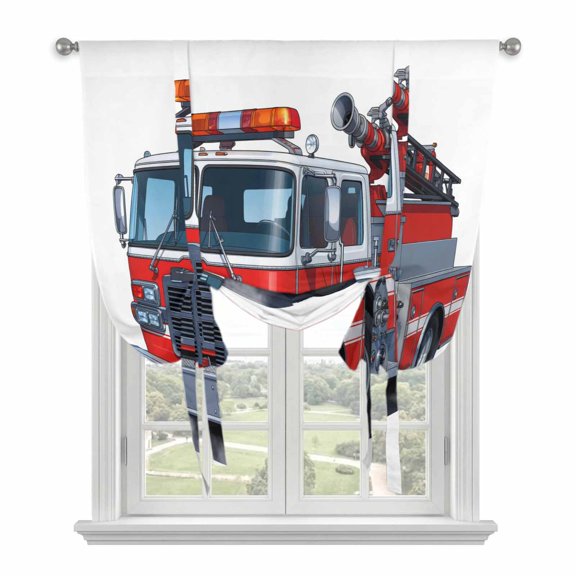 Fire Trucks Tie Up Curtain Valance for Window, Adjustable Rod Pocket Window Curtains Shades, Modern Cartoons Vehicles Light Filtering Valance Drapes for Cafe Living Room Bedroom 42"x45"