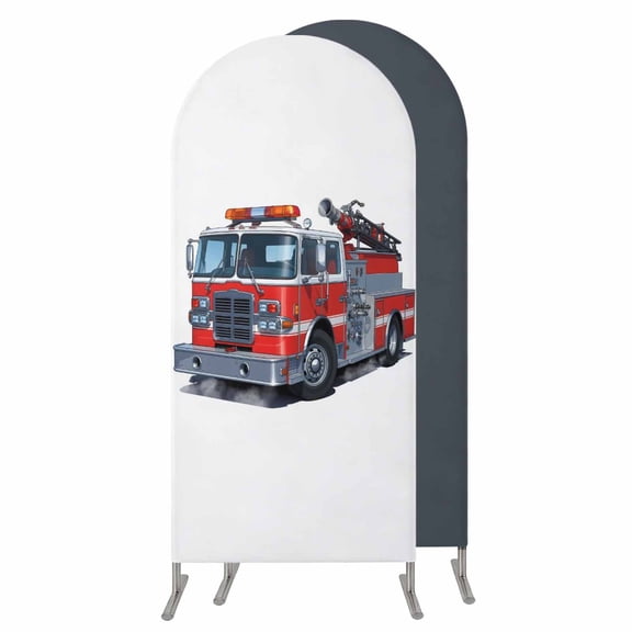 Fire Trucks Wedding Arch Cover, Stretchy Spandex Arch Backdrop Stand Covers 5 FT, Modern Cartoons Vehicles Round Top Arched Backdrop Cover for Birthday Party Ceremony Baby Shower Event