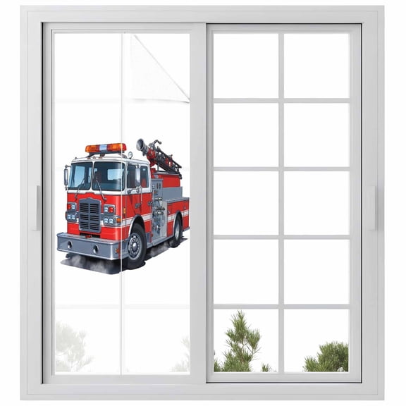 Fire Trucks Window Privacy Film, Modern Cartoons Vehicles Static Cling UV Sun Blocking Heat Control Window Tint Day and Night, Non-Adhesive Reusable One Way Windows Privacy Cover 23.6''x59''