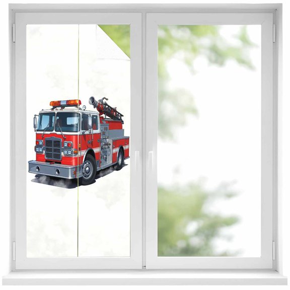 Fire Trucks Window Privacy Film, Modern Cartoons Vehicles Static Cling UV Sun Blocking Heat Control Window Tint Day and Night, Non-Adhesive Reusable One Way Windows Privacy Cover 17.7''x39.3''