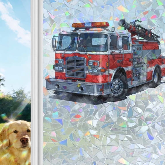Fire Trucks Window Privacy Film Stain Glass, Reusable Decorative Rainbow Window Film, Modern Cartoons Vehicles Non-Adhesive Static Cling Sun Blocking Stickers Decals Covers 19.6" x 39.3" (2pcs)