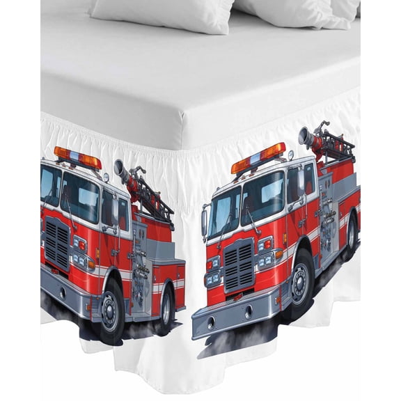 Fire Trucks Wrap Around Bed Skirts for California King Bed 16" Drop, Bed Skirt with Adjustable Elastic Belt Dust Ruffle Bed Valance for Bedroom Hotel Luxury Modern Cartoons Vehicles Bed Frame Cover