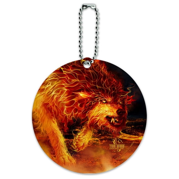 Fire Wolf Flaming Stalker Creature Round Luggage ID Tag Card Suitcase Carry-On