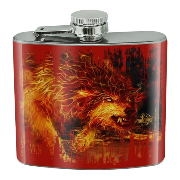 Fire Wolf Flaming Stalker Creature Stainless Steel 5oz Hip Drink Kidney Flask