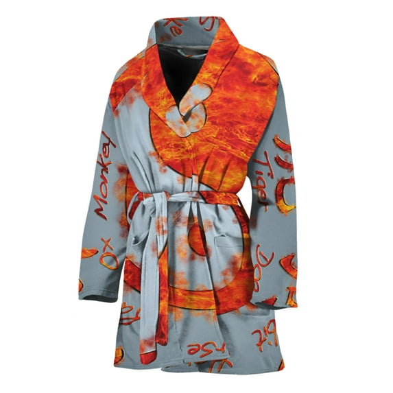 Fire Yin Yang Chinese Zodiac Women Bathrobe One Size Univeral Fits, Zodiac Horoscope Fashion Lightweight Plush Fleece Long Robe For Women
