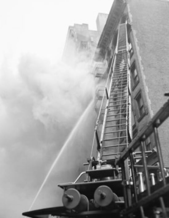 Fire engine with ladder up burning building Canvas Art - (18 x 24)