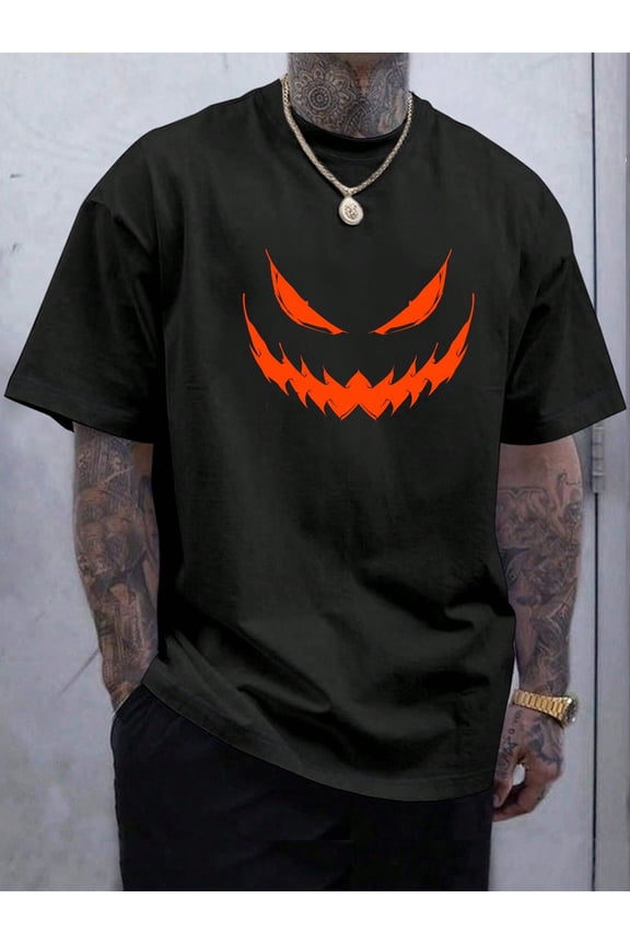 Fire faster_ Art Artist Black Casual Simple Halloween Pumpkin Print Dark-Themed T-Shirt For Men, Holiday Graphic Tee, Vacation, Festival, Ibiza Fits