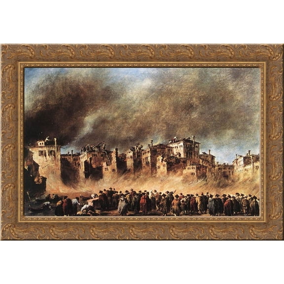 Fire in the Oil Depot at San Marcuola 24x18 Gold Ornate Wood Framed Canvas Art by Francesco Guardi