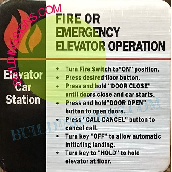 Fire or Emergency Elevator Operation Sign (Aluminum, 6x6,Silver) (ref-2201)