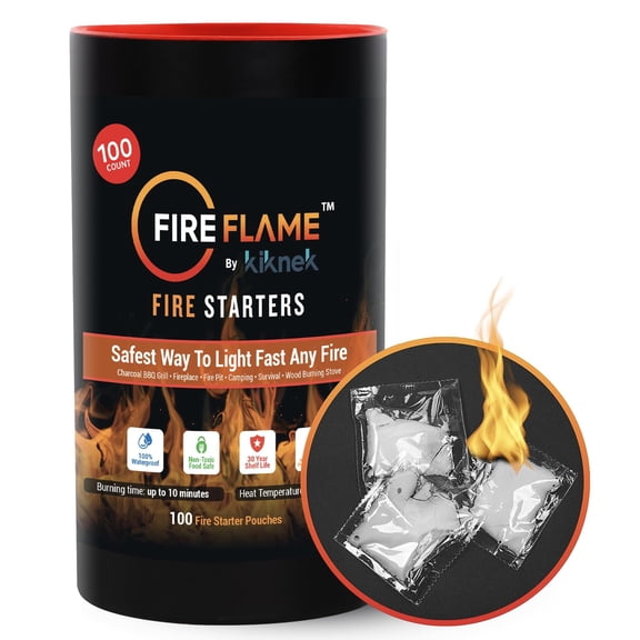 FireFlame Quick Instant Fire Starter - 100% Waterproof All-Purpose Indoor & Outdoor FireStarter, for Charcoal Starter, Campfire, Fireplace, Firepit, Smoker, Odorless & Food Safe - 100 Pouches in Bag