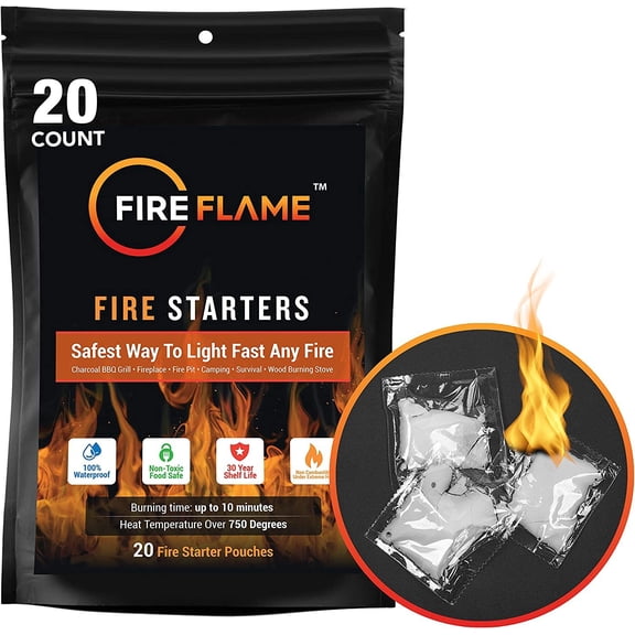 FireFlame Quick Instant Fire Starter - 100% Waterproof All-Purpose Indoor & Outdoor FireStarter, for Charcoal Starter, Campfire, Fireplace, Firepit, Smoker - Odorless &Food Safe - 20 Pouches in Bag