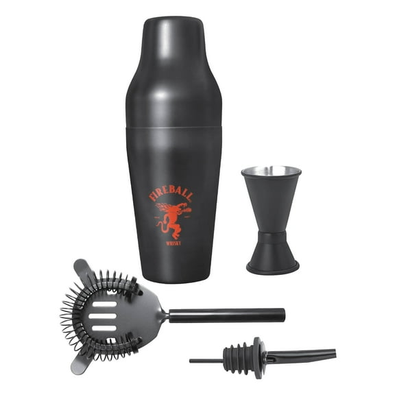 Fireball 4 Piece Shaker Set Includes a Pourer, a Hawthorne, a Shaker and a Jigger, Drink Shaker for Bartending and Home Bar Essential Bar Tools