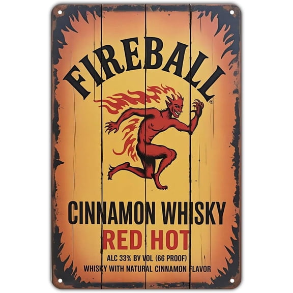 Fireball Cinnamon Whiskey tin sign Vintage Red Hot Devil Metal Sign for Garden & Yard Bar Porch Garage Home Bedroom Kitchen Decor 8 x 12 easy to hang
