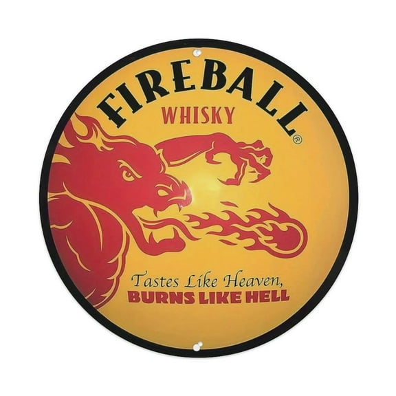 Fireball Round Tin Sign Vintage Metal Sign Office Living Room Bar Coffee Wall Art Decor 8x8inch