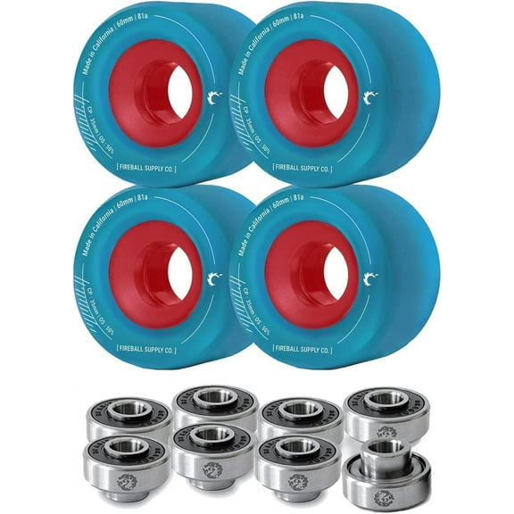 Fireball Tinder Skateboard Wheels and Bearings Set - 60mm 65mm & 70mm 81a Longboard Wheels and Bearings Set - Soft Cruiser Wheels & Dragon Bearings with Built in Spacers