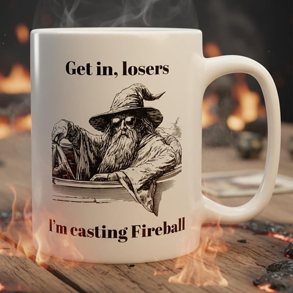 Fireball Wizard Mug, Funny Tabletop Fantasy Mage Coffee Cup, Dice Game Humor Gift for RPG Fans
