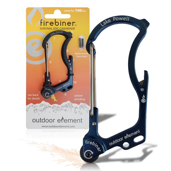 OUTDOOR ELEMENT Firebiner Custom Engraved 6-in-1 Fire Starter Carabiner Multitool – Survival Gear EDC Keychain with Utility Blade, Bottle Opener, Screwdriver, Emergency Tool