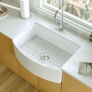 Fireclay 30 in. Single Bowl Farmhouse Apron Curved Kitchen Sink with Sink Grid and Basket Strainer