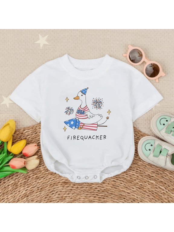 Firecracker Baby Outfit, USA Baby Clothes, Cute Duck Graphic Bodysuit, 4th of July Baby Gift, Baby Summer Outfit, Fun Baby Clothes for Girls-min
