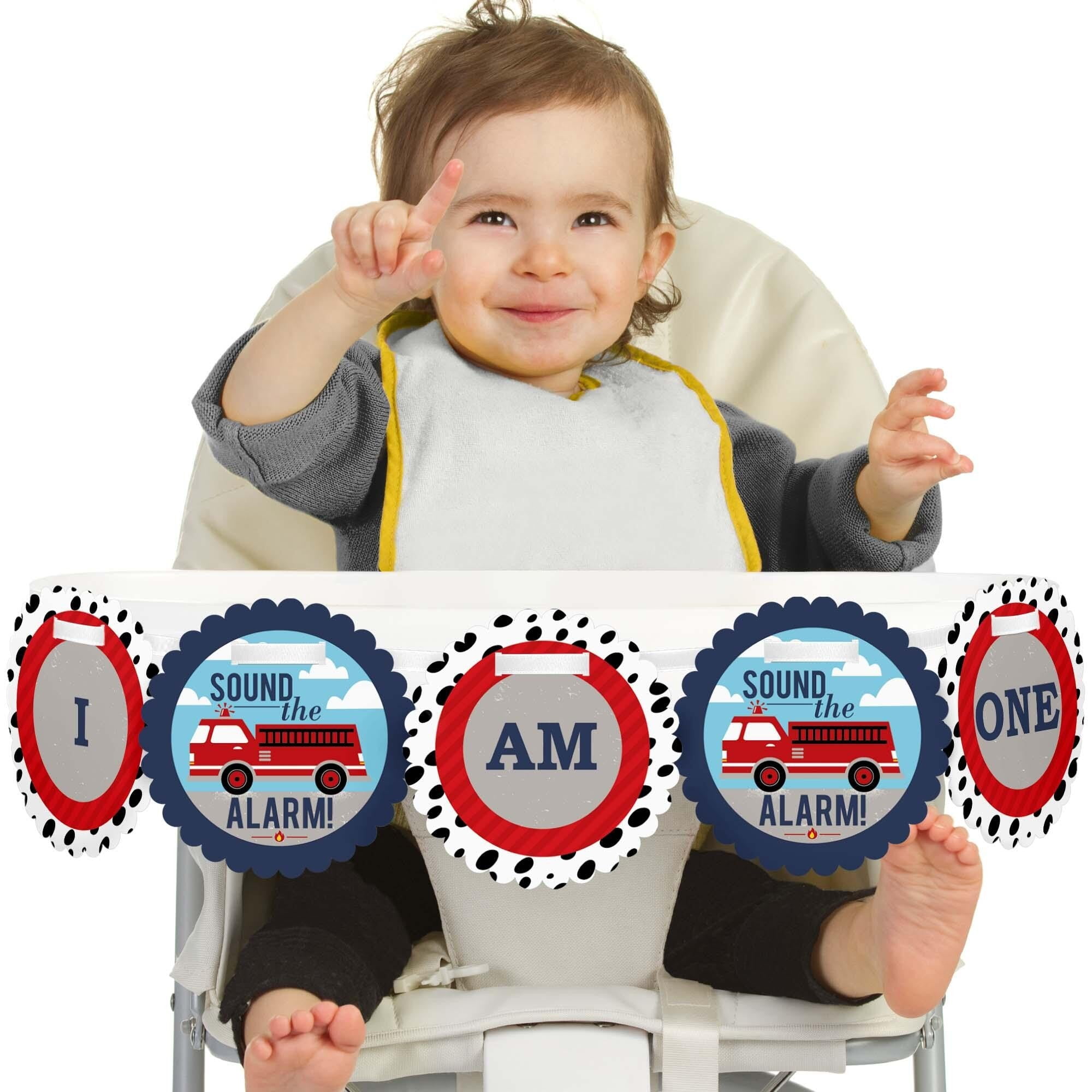 Big Dot of Happiness Fired Up Fire Truck 1st Birthday Highchair Decor - I Am One - First Birthday High Chair Banner