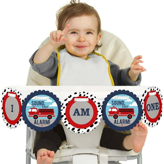Big Dot of Happiness Fired Up Fire Truck 1st Birthday Highchair Decor - I Am One - First Birthday High Chair Banner