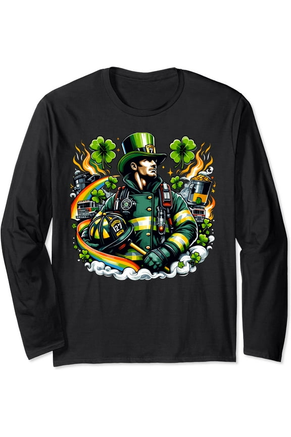 Firefighter 2025 Men’s Fireman Fire Department Long Sleeve Tee Shamrock Hoodie, Lucky Sweatshirt, St. Patrick’s Day Lover Gift
