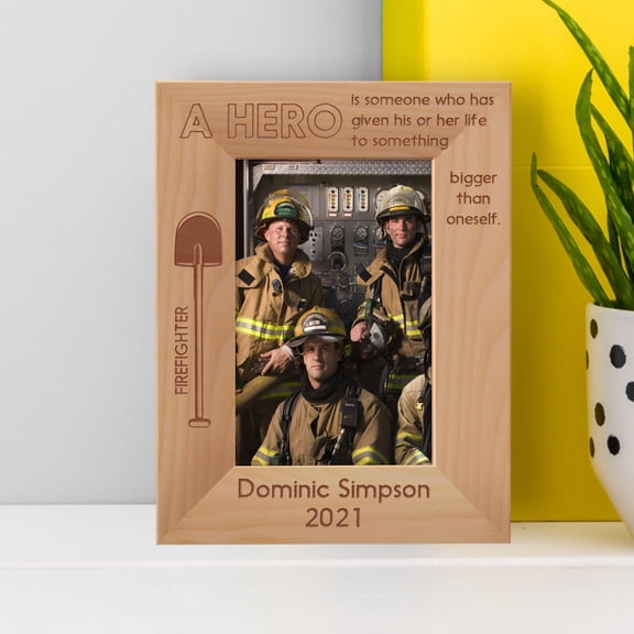 Firefighter A Hero Is Someone Who Has Given His Or Her Life To Something Bigger Than Oneself Personalized Wooden Frame 4" x 6" Brown (Vertical)