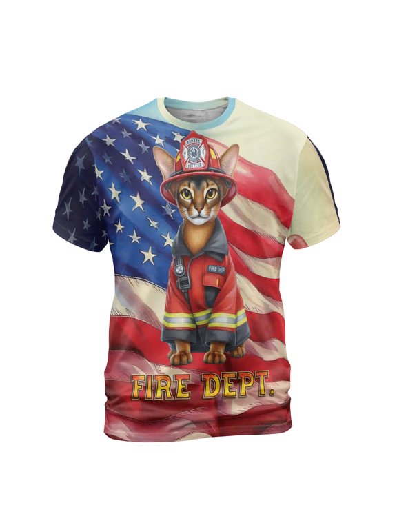 Firefighter Abyssinian Hero Rescue Fire Dept Fireman USA Flag All Over Print 3D Shirt Unisex Merch Cat Lover Kitten Owner Gifts - 02026