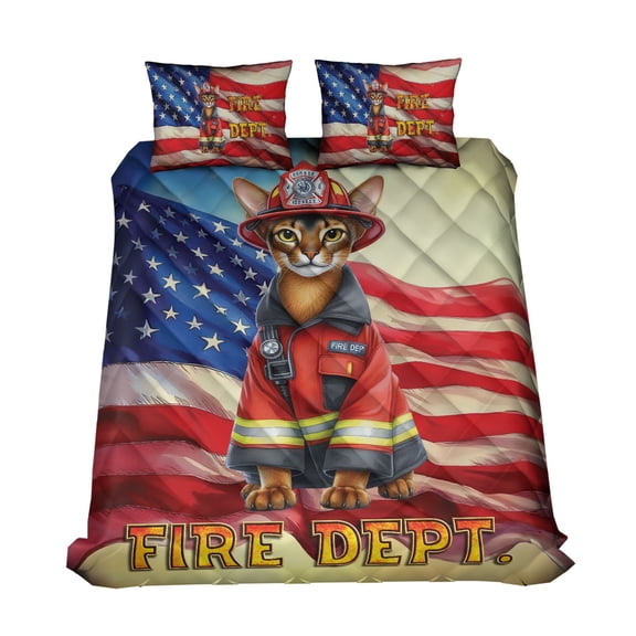 Firefighter Abyssinian Hero Rescue Fire Dept Fireman USA Flag Quilt Bedding Set Cat Lover Kitten Owner Gifts 1 Blanket Bed Cover 2 Pillowcases - 02026