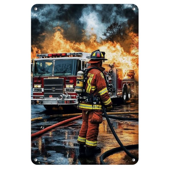 Firefighter Action Scene Metal Wall Art, Iron Decorative Sign for Bar, Club, Cafe, Restaurant, Billiard Room, Hotel, Home, Office, Bedroom, Bathroom, Garage - 20x30cm/8x12inch