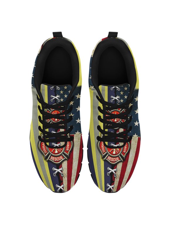 Firefighter American Flag Running Shoes Sneakers Mesh Black Size 3.5