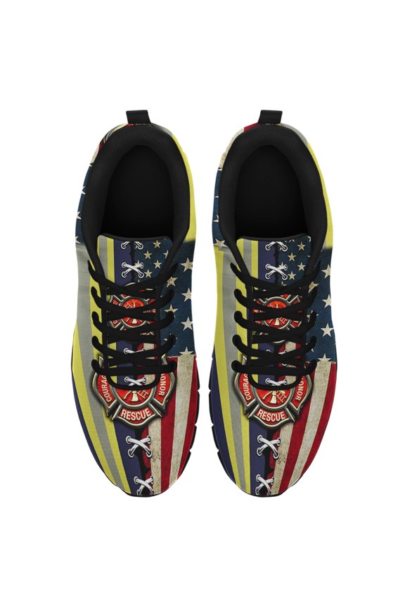 Firefighter American Flag Running Shoes Sneakers Mesh Black Size 9